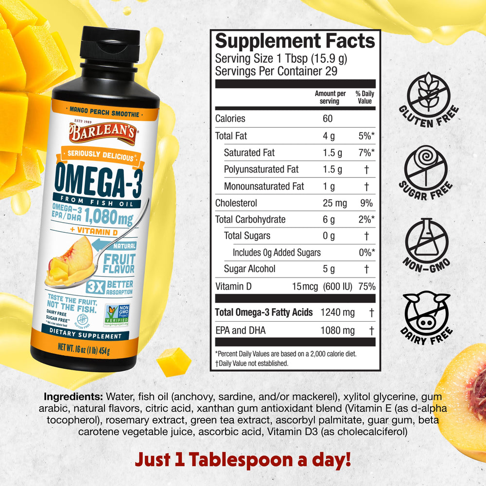 Barlean's Omega-3 Mango Peach liquid pour into yogurt for a smooth, tasty supplement.