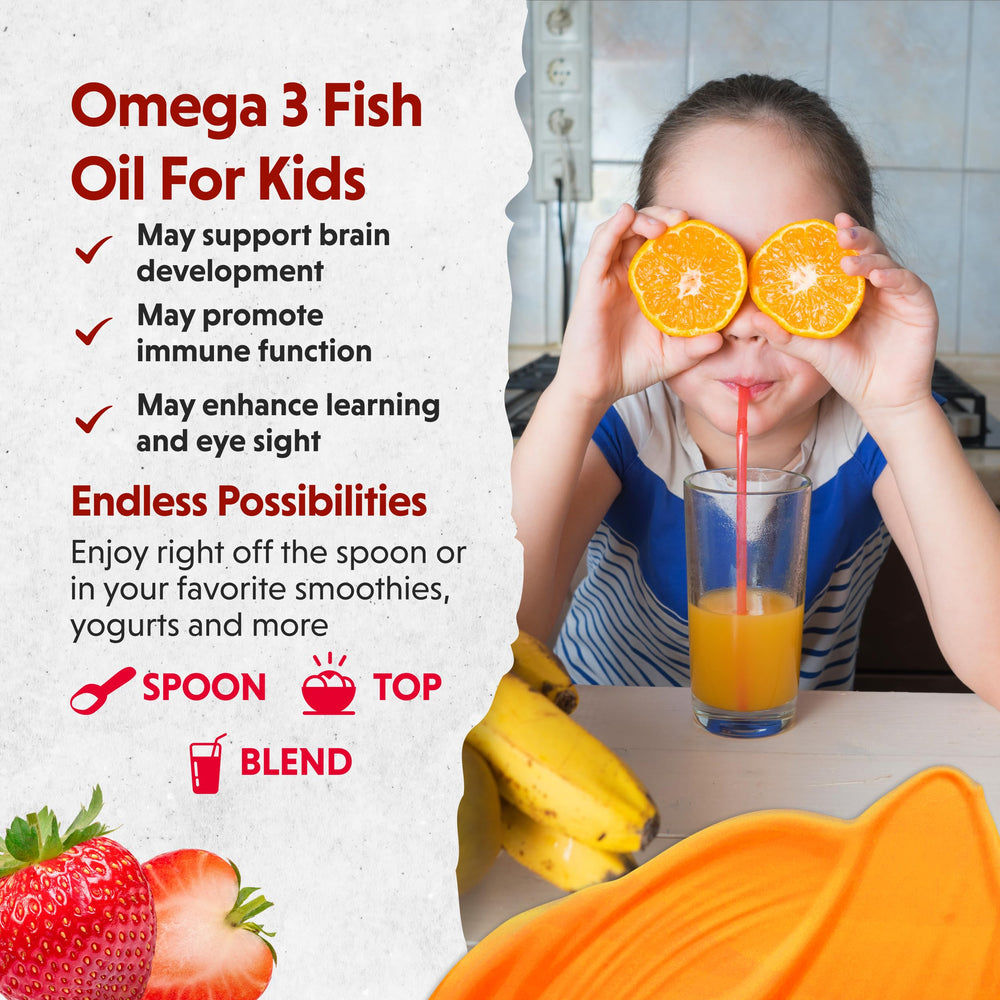 Barlean's Omega Pals Eye Health Liquid poured into a spoon for kids
