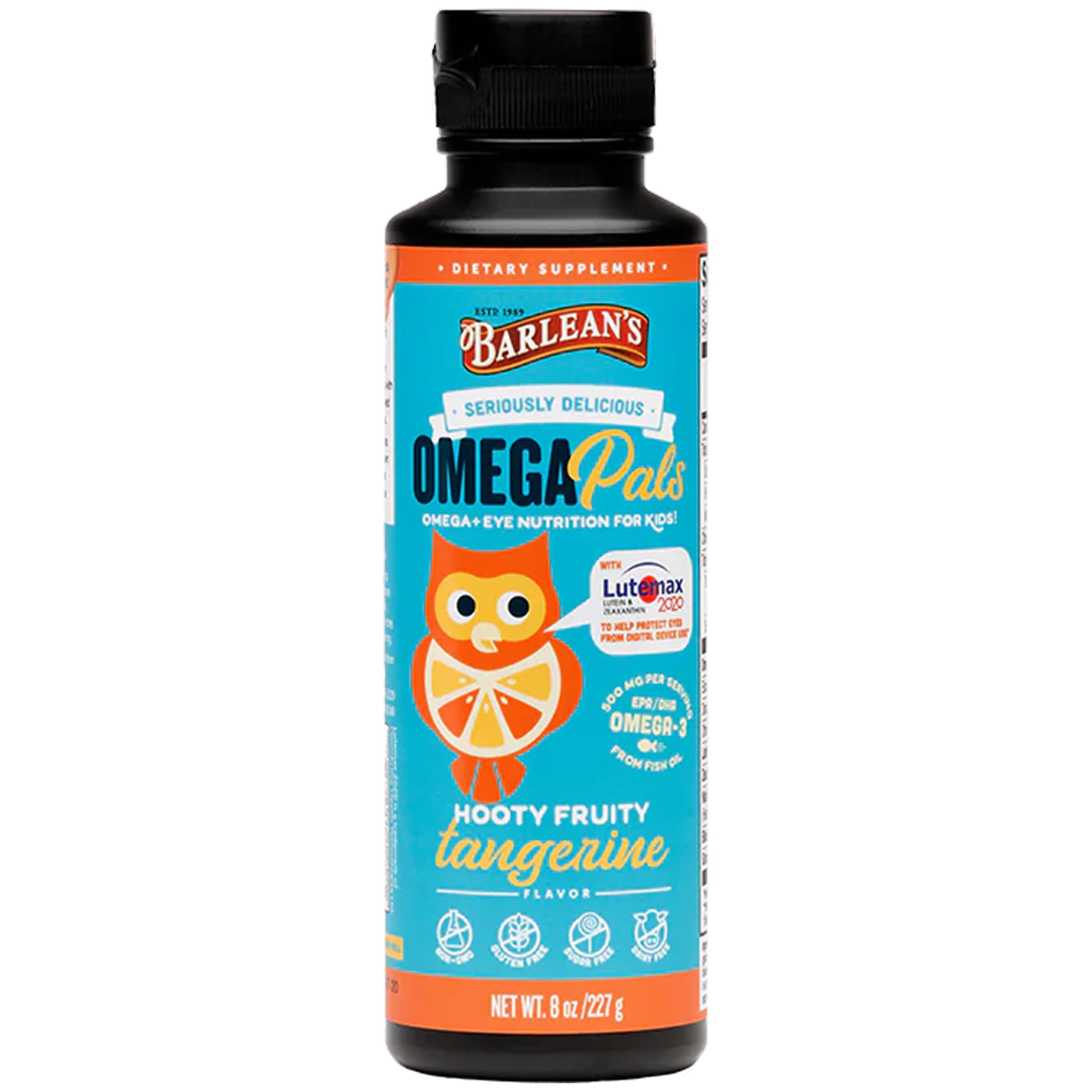 Barlean's Omega Pals Eye Health Liquid bottle in Tangerine flavor for kids