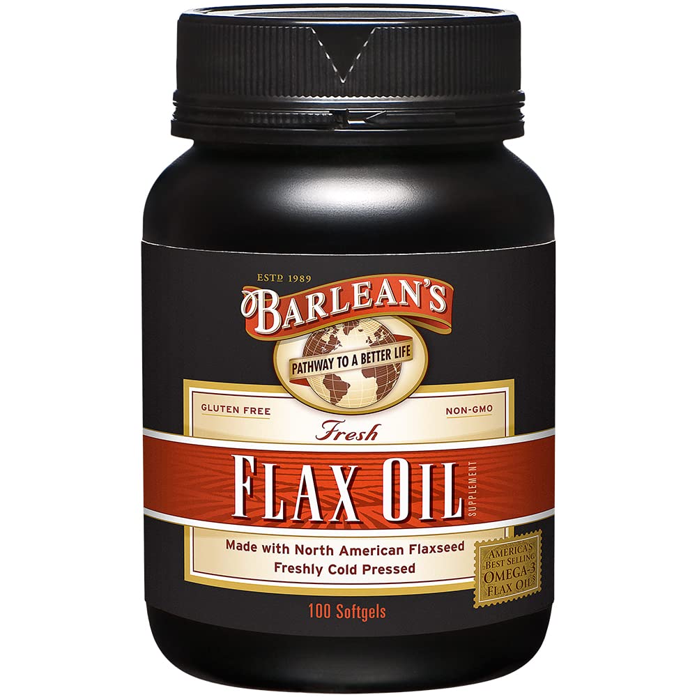 Barlean's Omega 3-6-9 flaxseed softgels bottle on shelf for daily use.