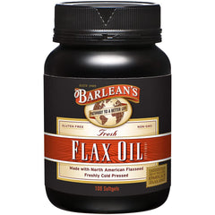 Barlean's Omega 3-6-9 flaxseed softgels bottle on shelf for daily use.