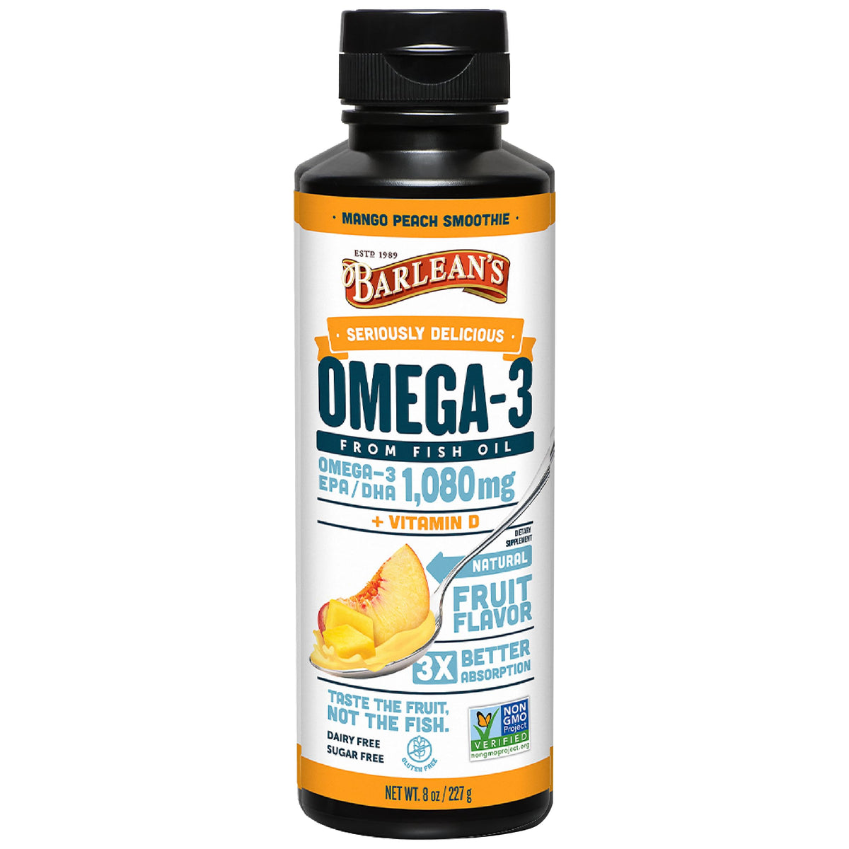 Barlean's Omega-3 fish oil bottle front view highlighting mango peach flavor for daily use.