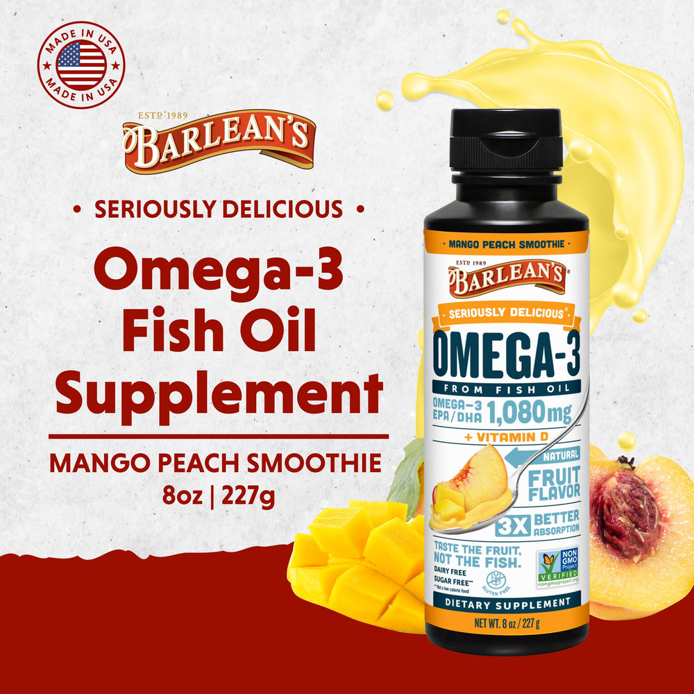 Pouring Barlean's Omega-3 bottle to show easy liquid format and burp-free consumption.