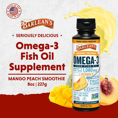 Pouring Barlean's Omega-3 bottle to show easy liquid format and burp-free consumption.