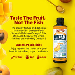 Close-up of Barlean's Omega-3 label with third-party testing and sustainable sourcing.