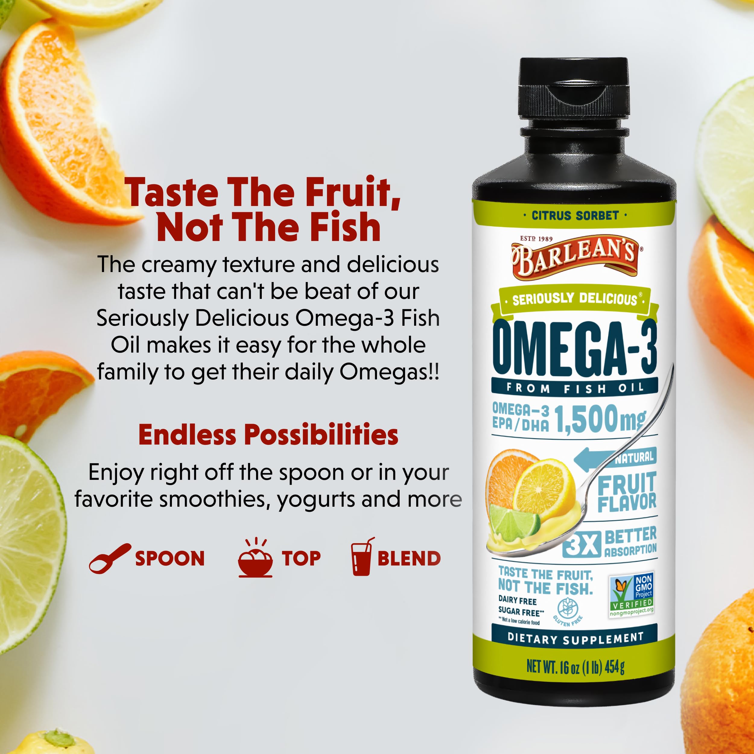 Barlean's Omega-3 label highlighting non-GMO ingredients