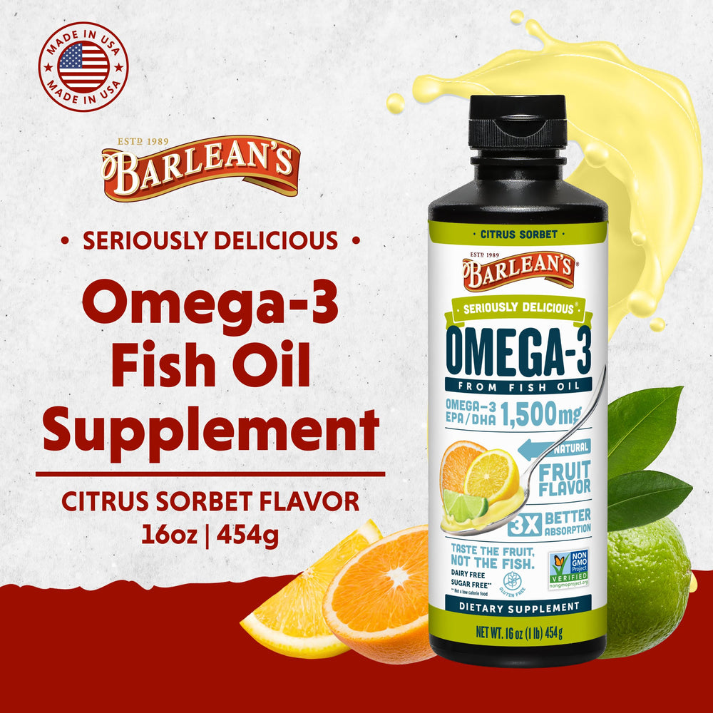 Pouring Barlean's Omega-3 liquid into a spoon for simple dosing