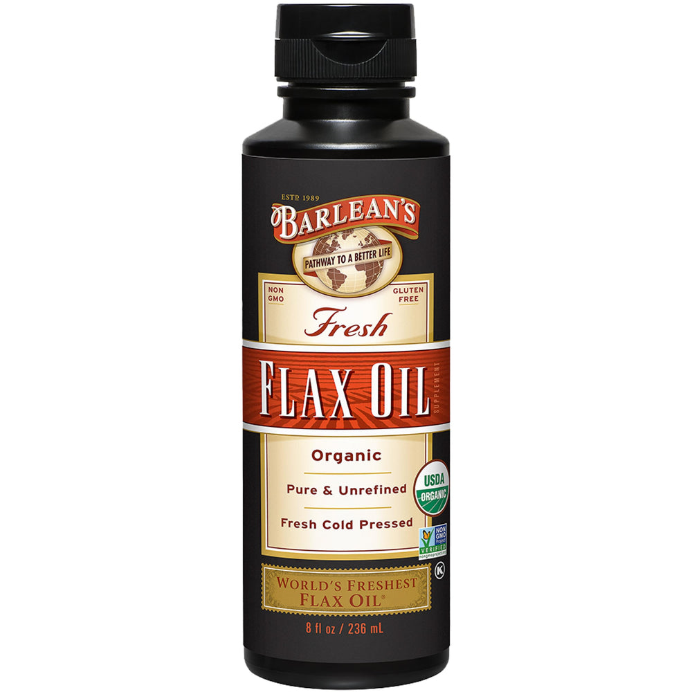 Barlean's Organic Flaxseed Oil bottle for daily omega-3 intake.
