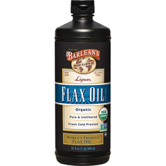 Barlean's Organic Lignan Flax Oil bottle showing plant-based omega-3 source.