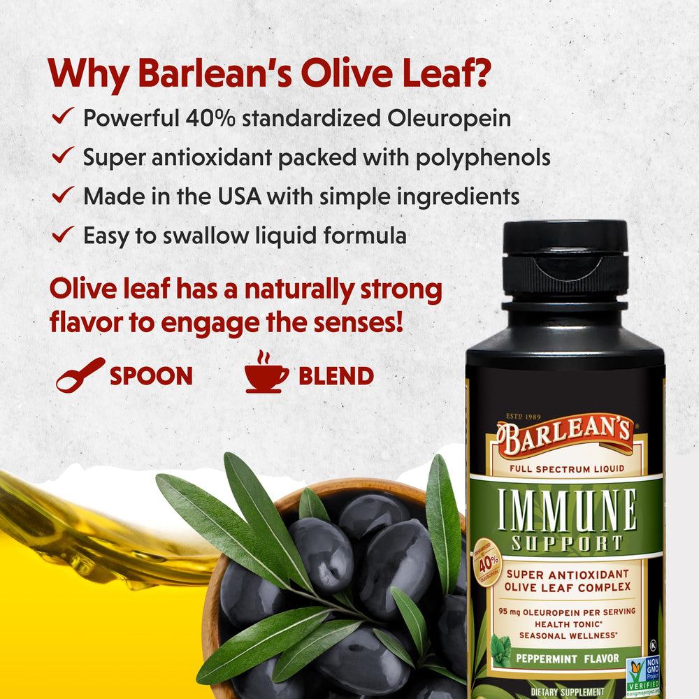 Label close-up showing 95 mg oleuropein per tablespoon.
