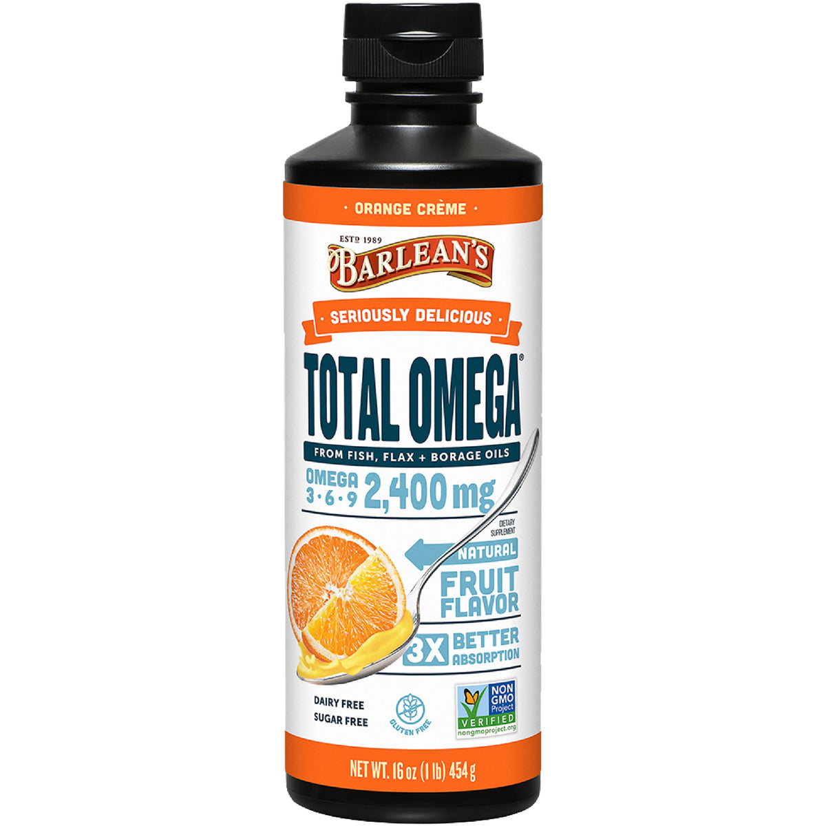 Barlean's Total Omega 3 6 9 Orange Creme bottle showing label and 2,400 mg omegas per serving