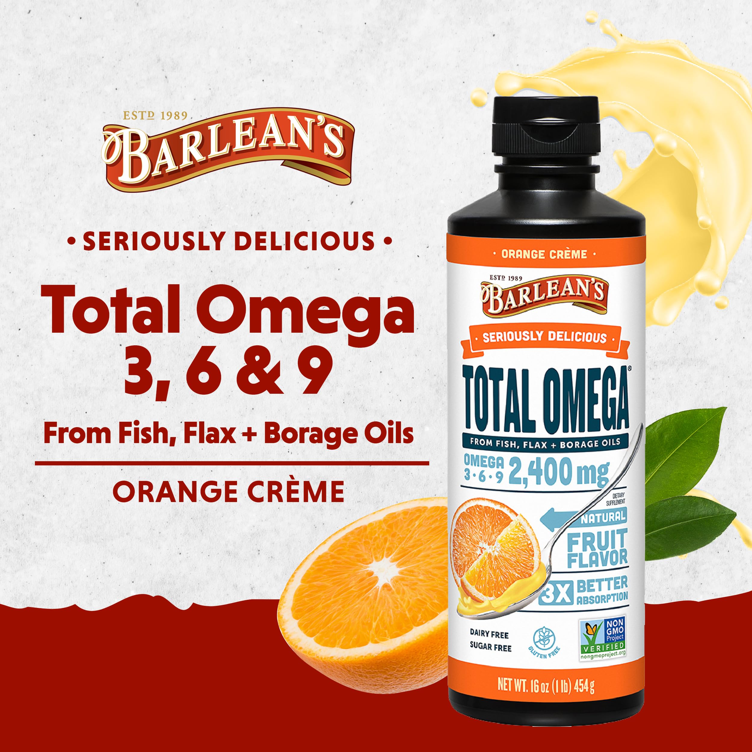 Barlean's Total Omega 3 6 9 on spoon with Orange Creme flavor for easy serving