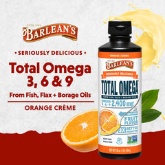 Barlean's Total Omega 3 6 9 on spoon with Orange Creme flavor for easy serving
