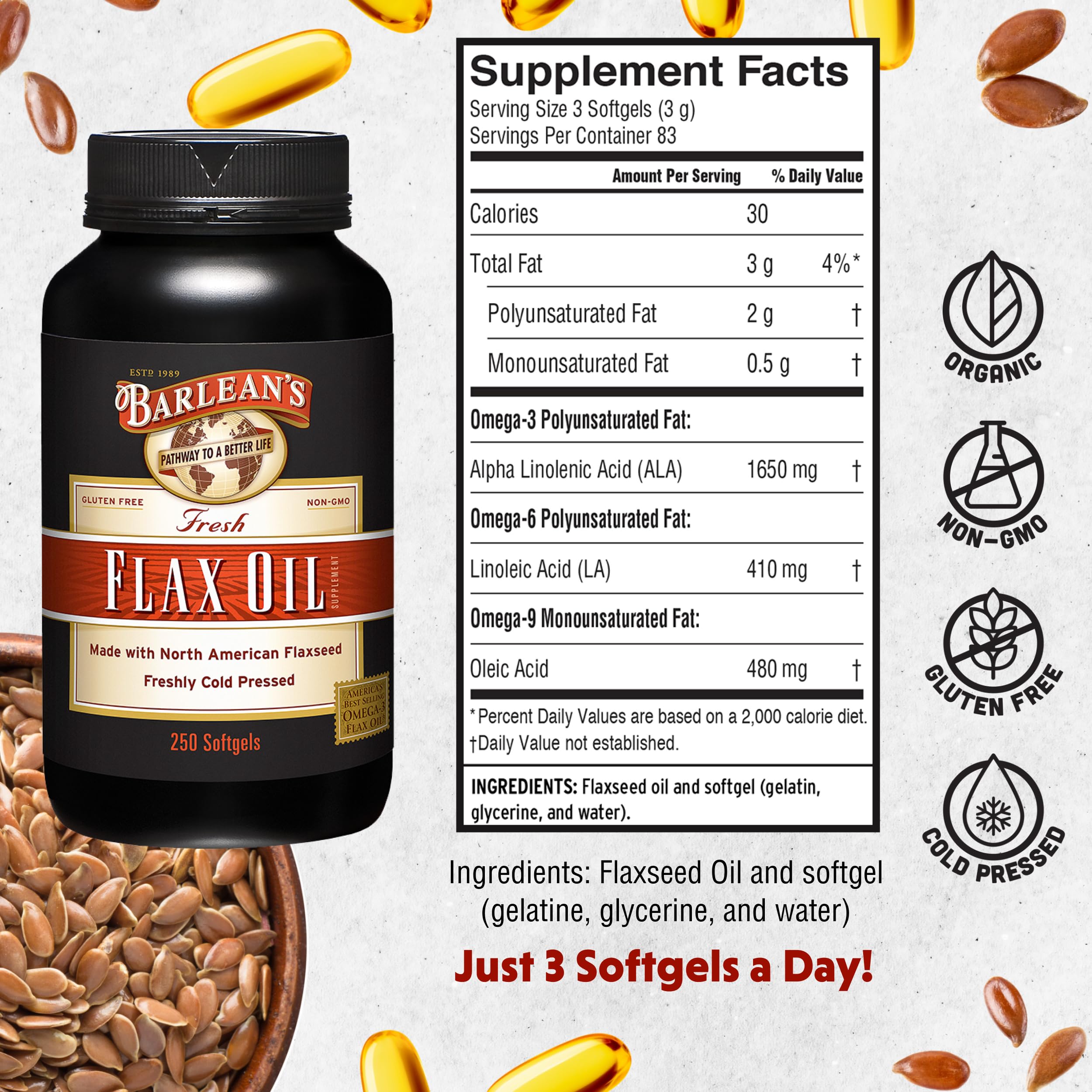 Barlean's USA-made bottle emphasizes trusted quality for everyday use.
