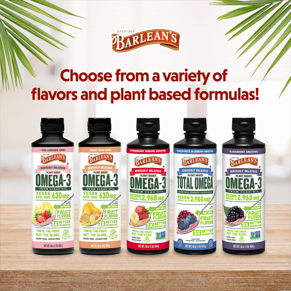 USA-made Barlean's flax oil label with non-GMO and gluten-free badges.