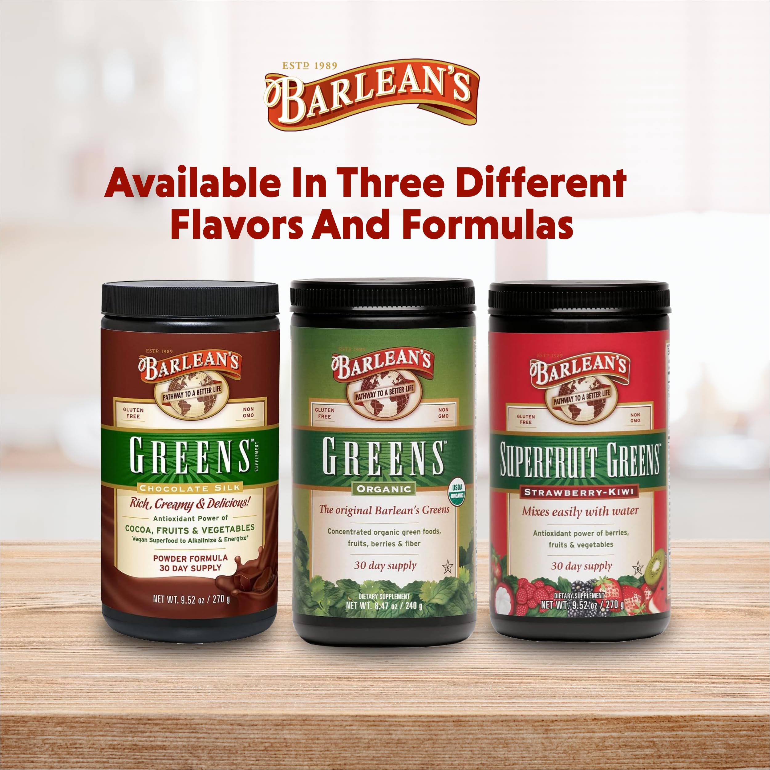 Barlean's USA-made premium greens powder bottle for everyday nutrition.
