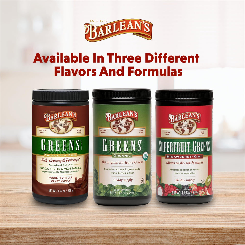 Barlean's USA-made premium greens powder bottle for everyday nutrition.
