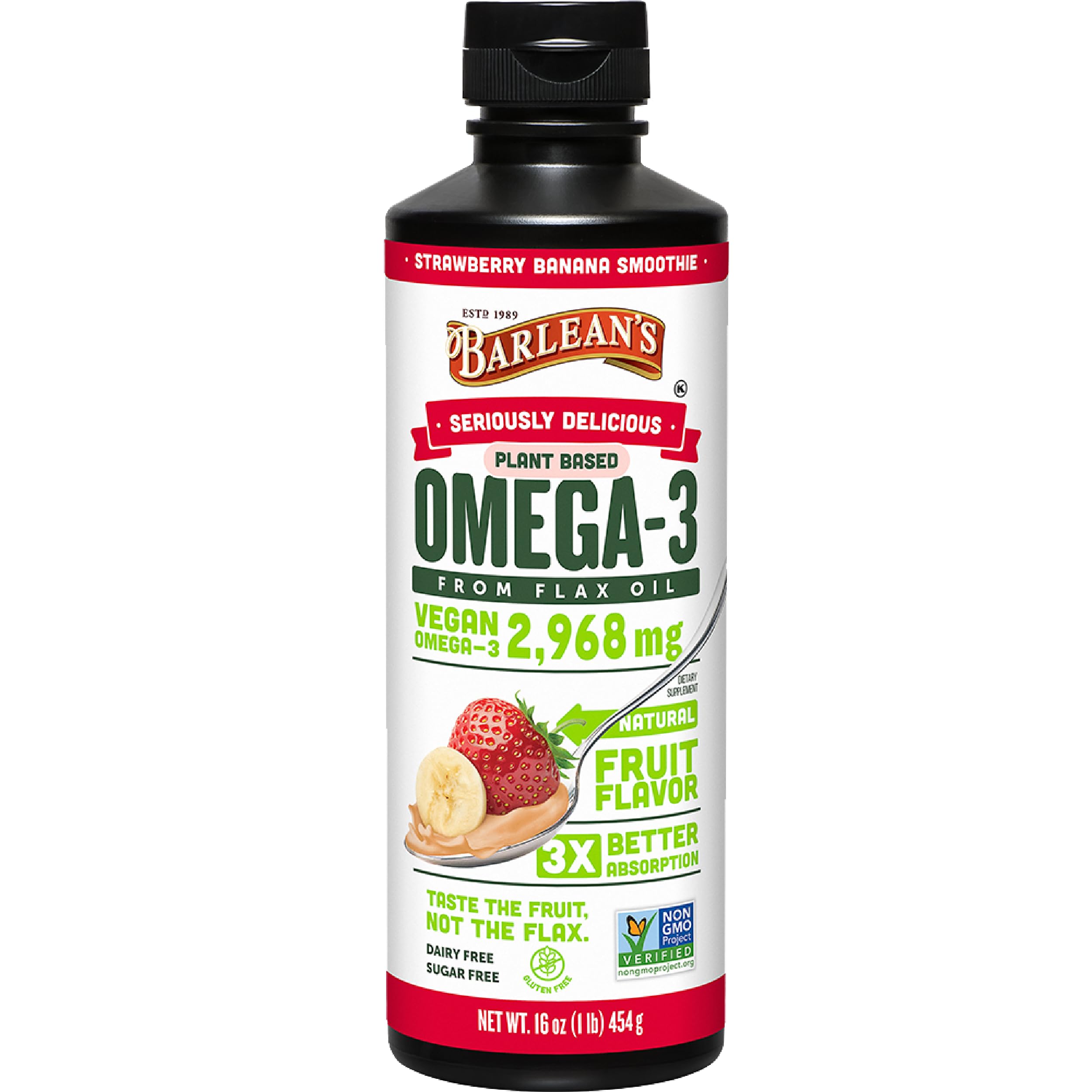 Barlean's vegan omega-3-6-9 flax oil bottle on kitchen counter for daily use.