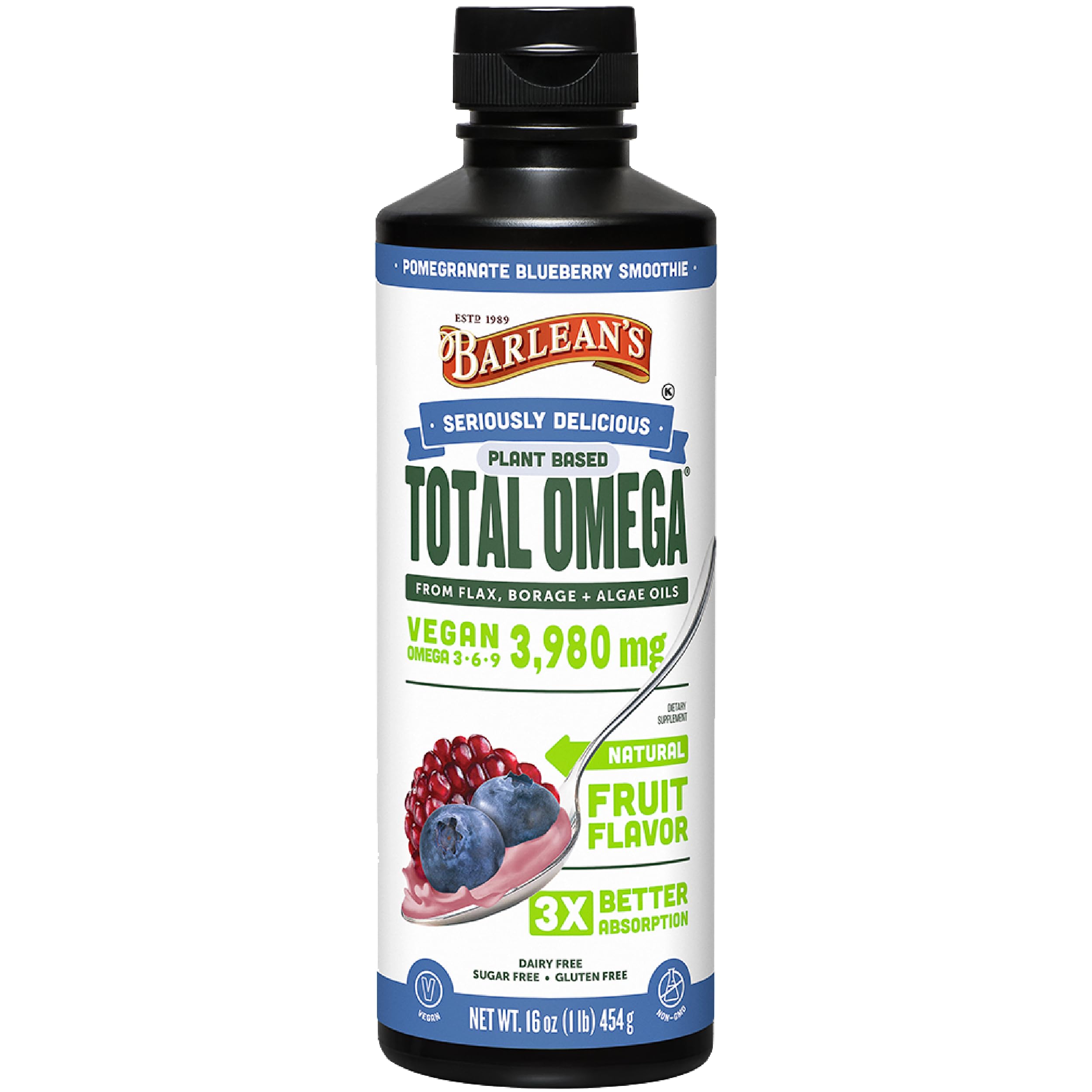 Barlean's vegan omega-3-6-9 liquid bottle with pomegranate blueberry, ideal for daily plant-based fats.