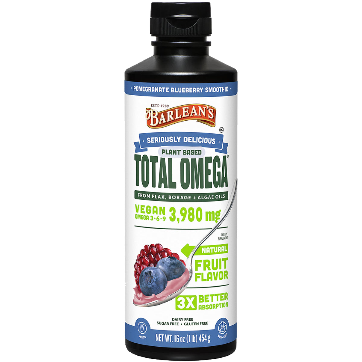 Barlean's vegan omega-3-6-9 liquid bottle with pomegranate blueberry, ideal for daily plant-based fats.