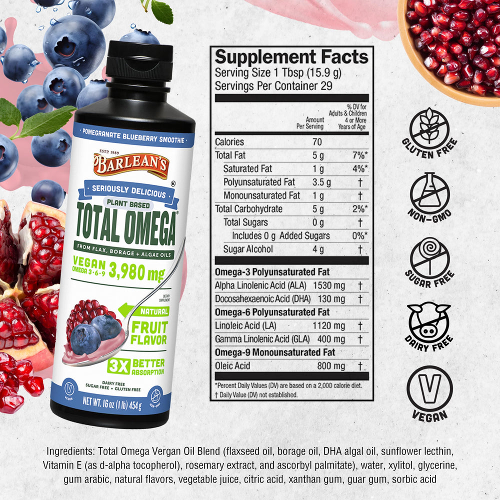 Barlean's omega blend added to a smoothie for a fruity, plant-based boost.