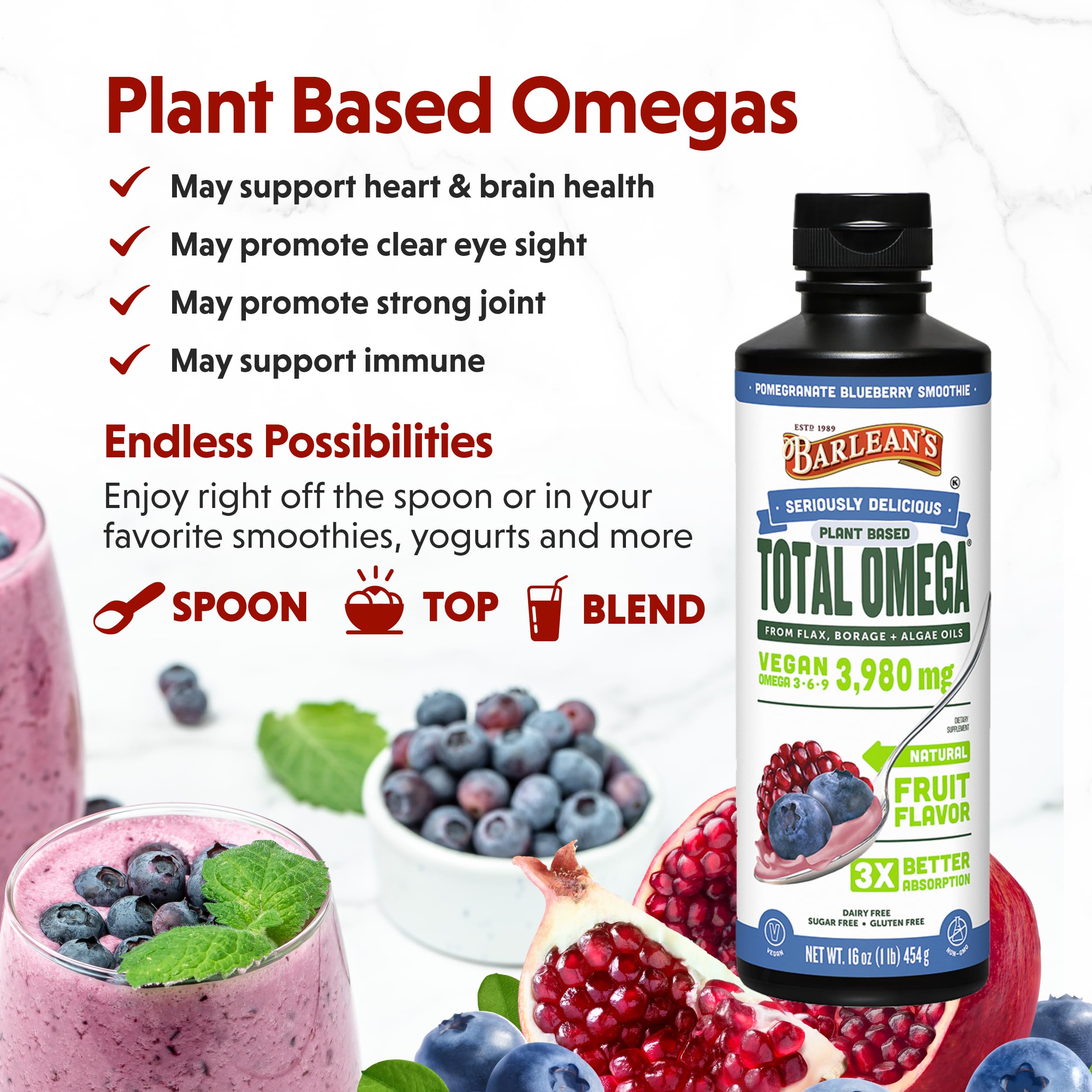 Serving spoon of Barlean's vegan omega blend ready to scoop or drizzle.