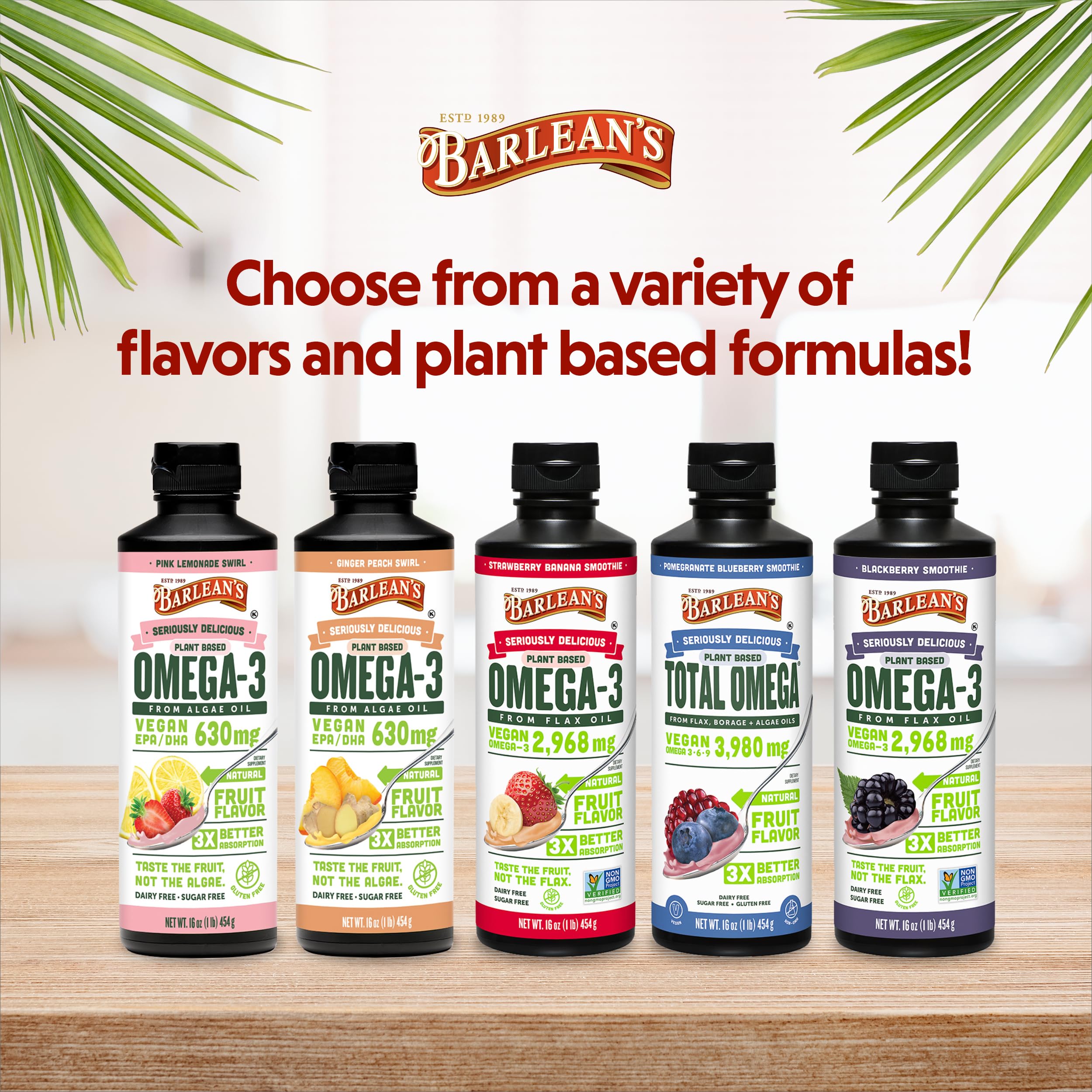Barlean's proudly labeled, USA-made vegan omega blend on the kitchen counter.