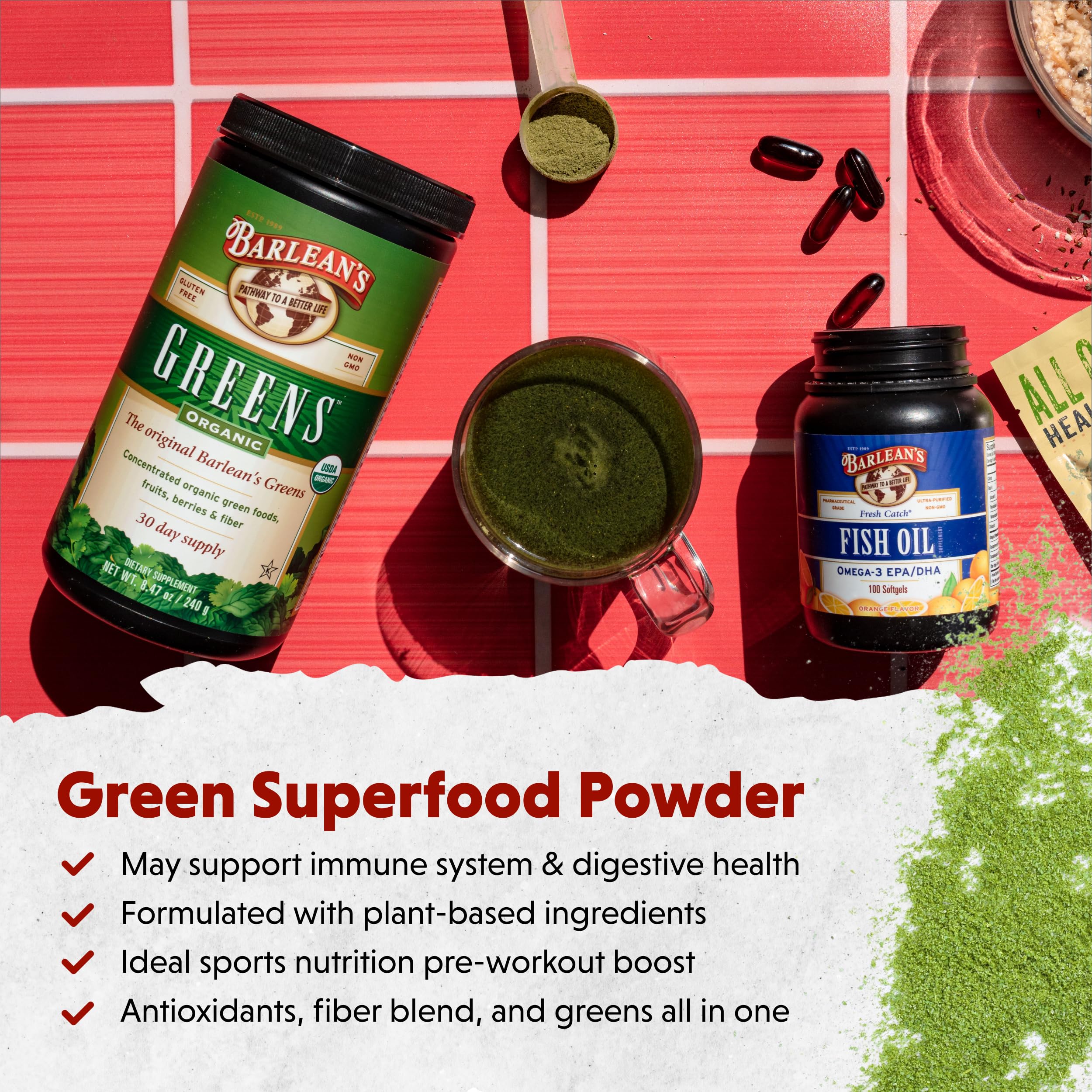 Barlean's Wheatgrass, Spirulina, and Chlorella green powder poured for smoothies.