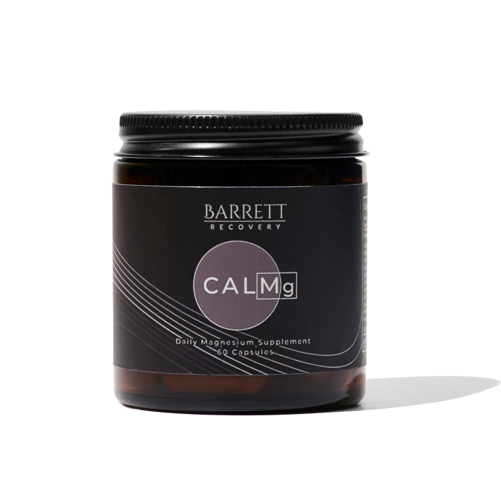 Barrett Recovery CALMg bottle front showing seven-type magnesium blend for sleep support