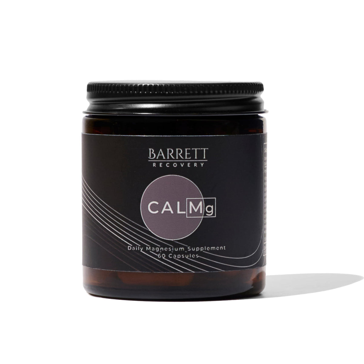 Barrett Recovery CALMg bottle front showing seven-type magnesium blend for sleep support