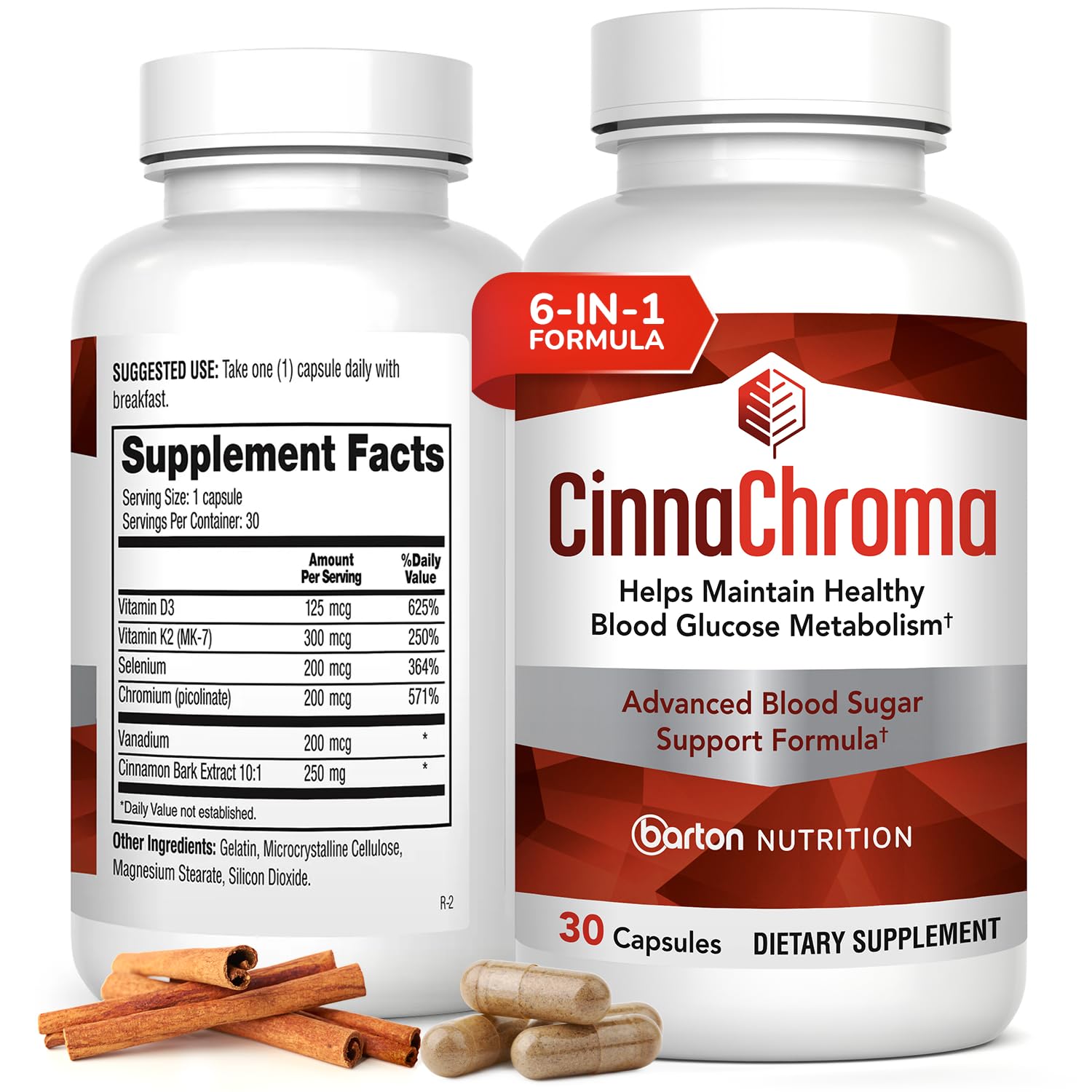 Barton Nutrition CinnaChroma capsules bottle shows cinnamon extract for metabolic support.
