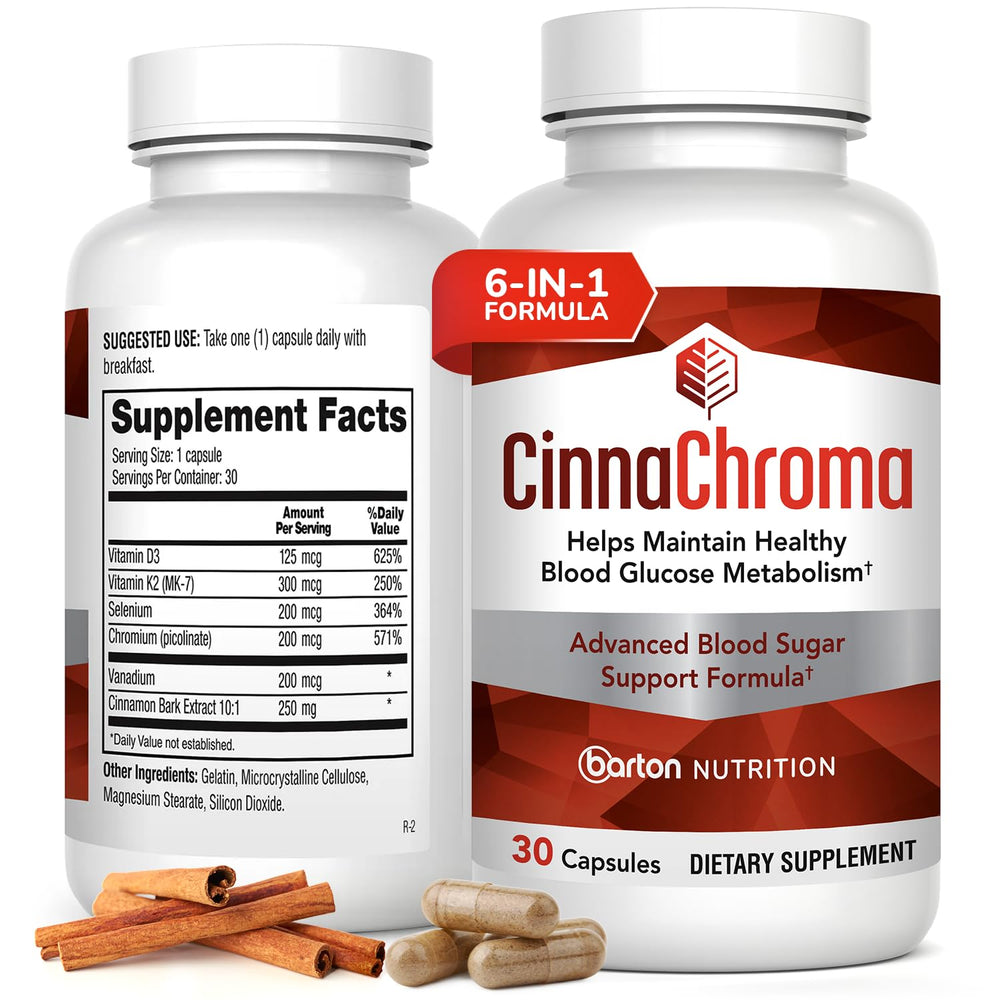 Barton Nutrition CinnaChroma capsules bottle shows cinnamon extract for metabolic support.