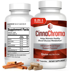 Barton Nutrition CinnaChroma capsules bottle shows cinnamon extract for metabolic support.
