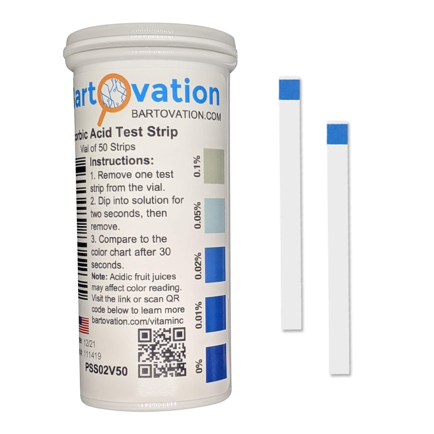 Bartovation Ascorbic Acid test strips in a vial for quick food testing