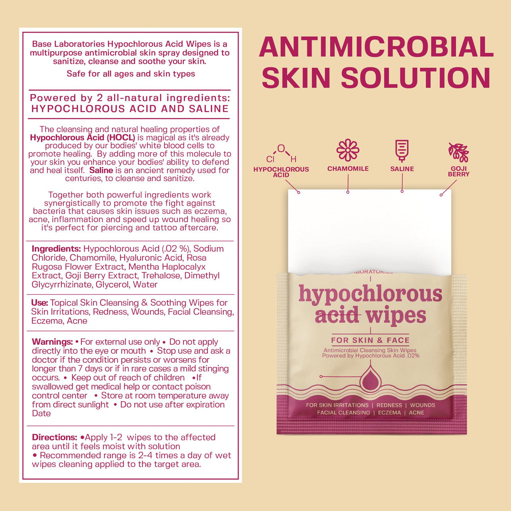 BASE LABORATORIES HOCl wipes travel pack ready for on-the-go care.