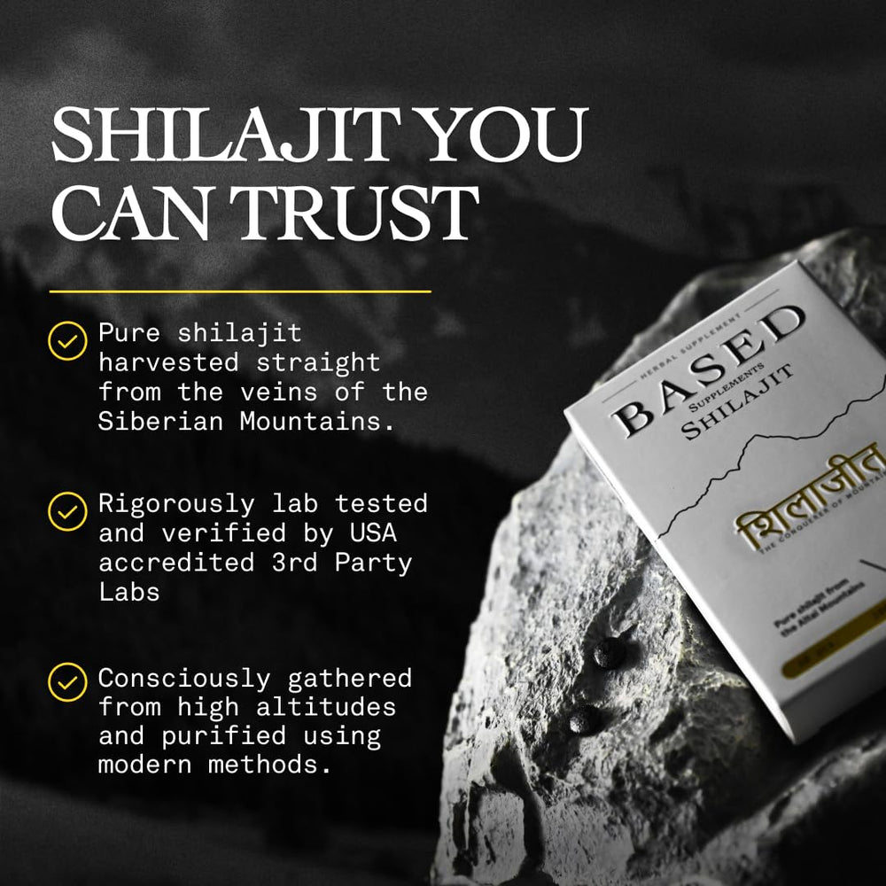 Based Shilajit blister-pack back showing dosage and purity assurance