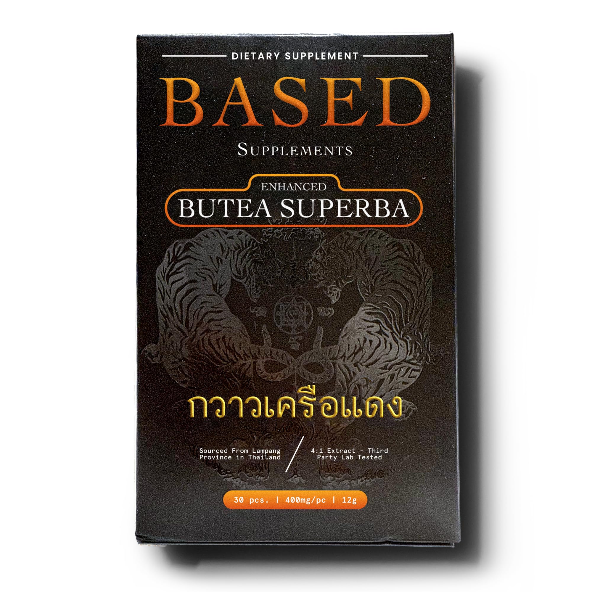 Based Supplements Butea Superba extract bottle close-up showing vitality support.