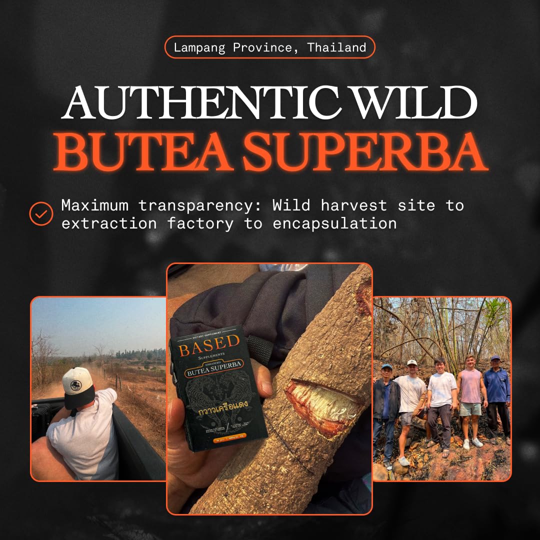 Based Supplements Butea Superba extract packaging on forest-toned backdrop for focus.