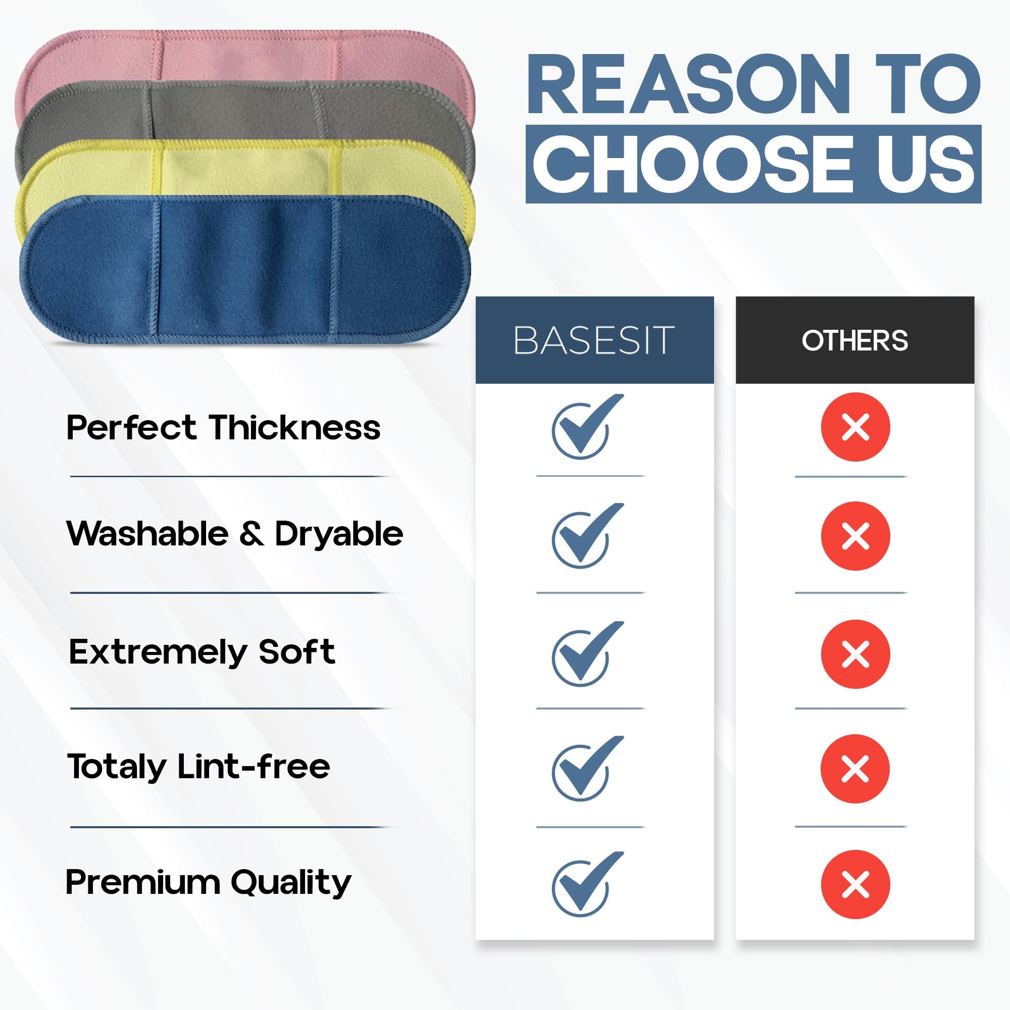 Basesit compact blue-gray cloth fits in case for on-the-go cleaning.