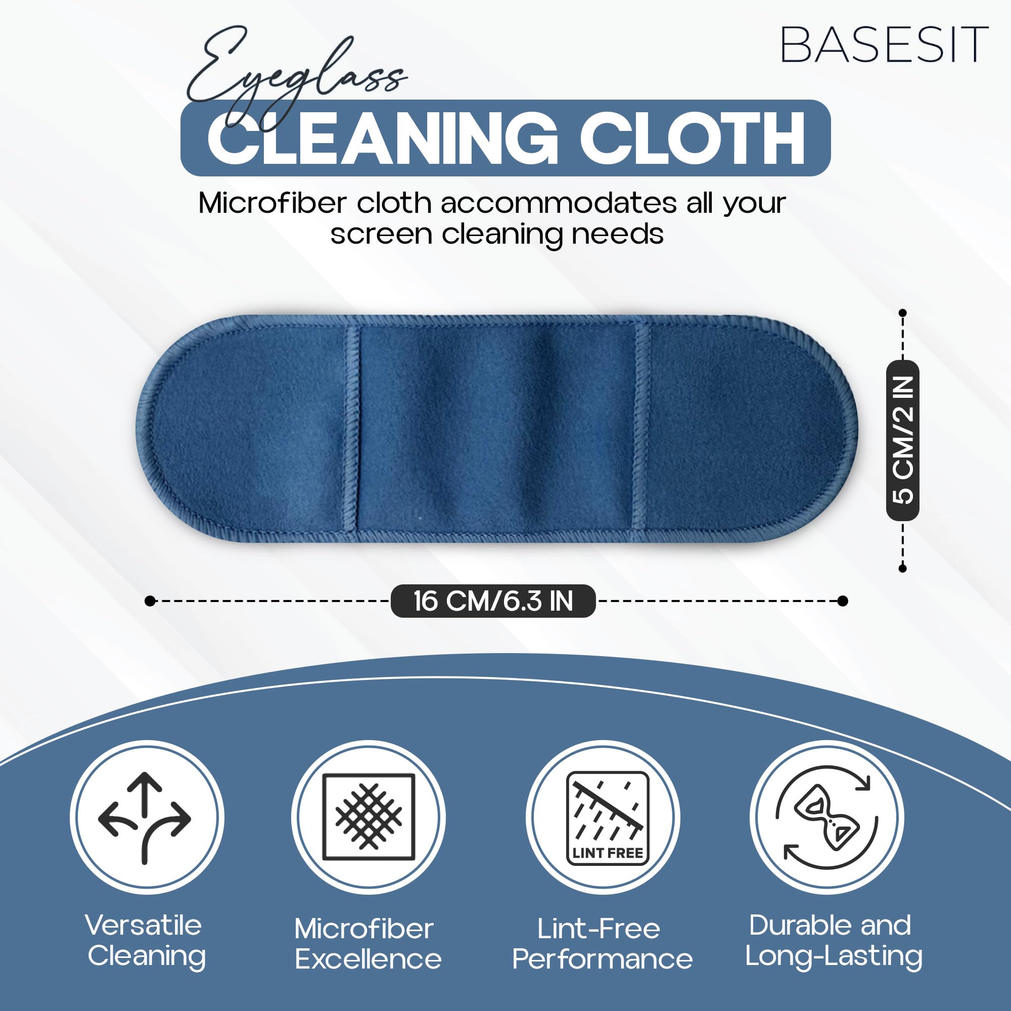 Basesit eyeglass cleaning cloth close-up highlights ultra-fine fibers lifting dust.