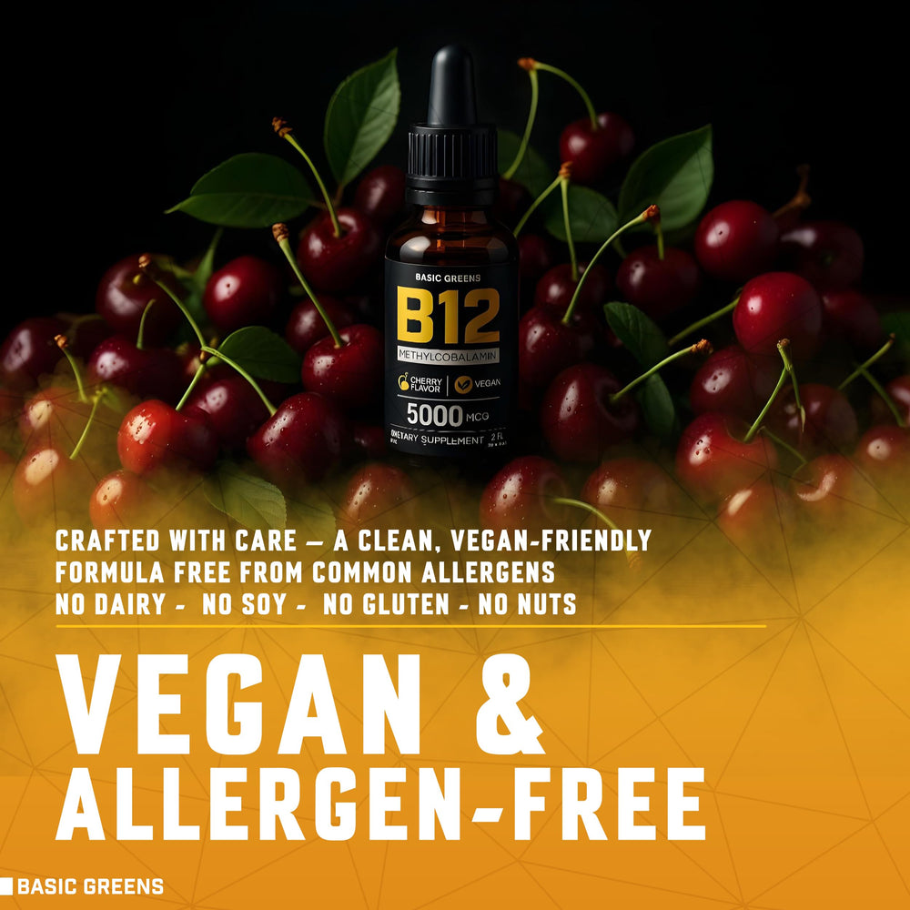 Cherry-flavored Basic Greens B12 drops for daily use