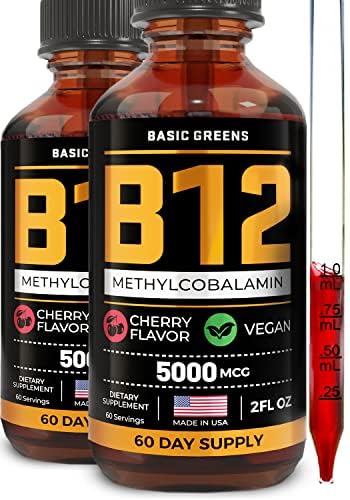Basic Greens B12 sublingual bottle pour showing easy energy support