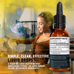 Close-up of Basic Greens B12 liquid for focus and clarity