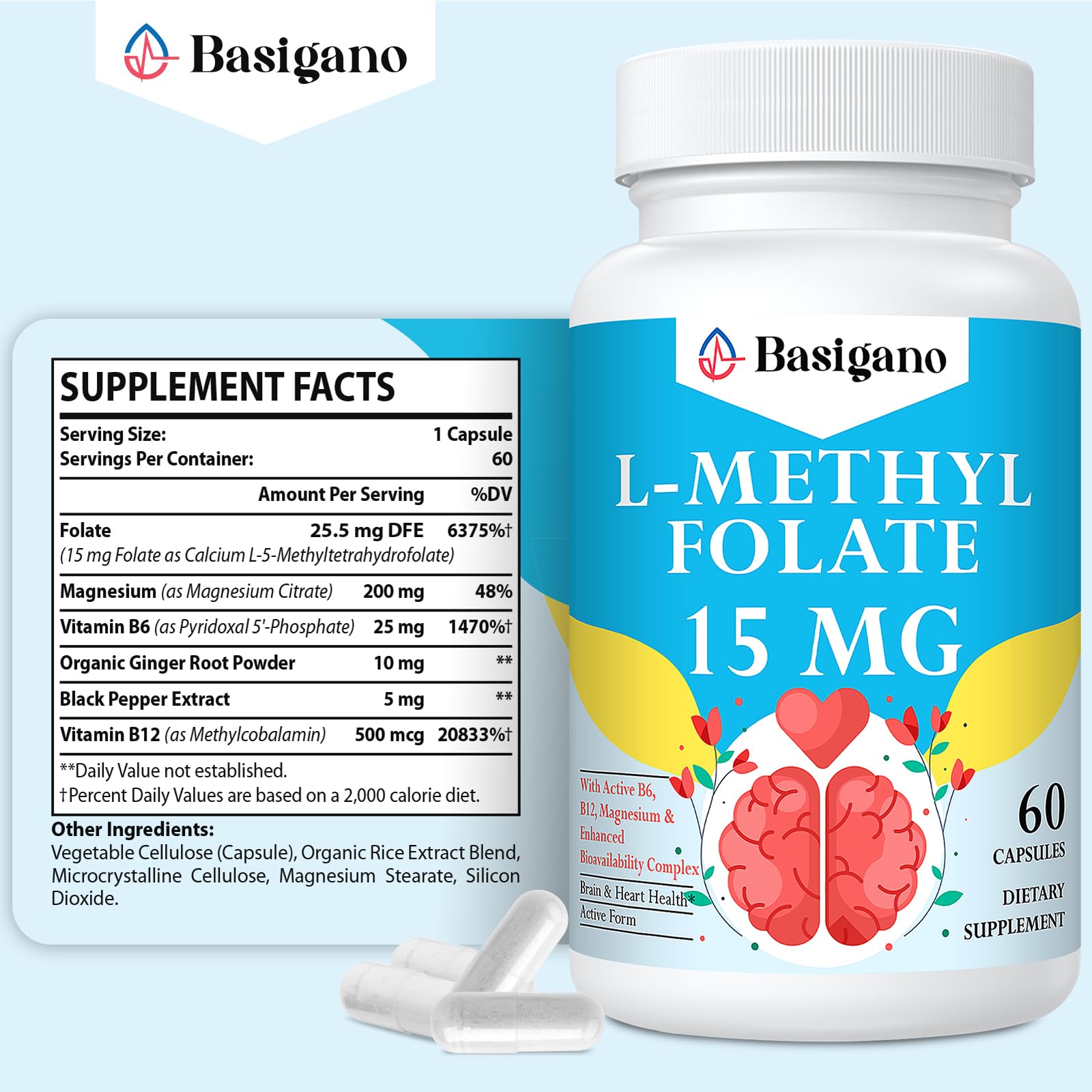 Basigano capsules arranged for convenient daily-use and easy swallowing.