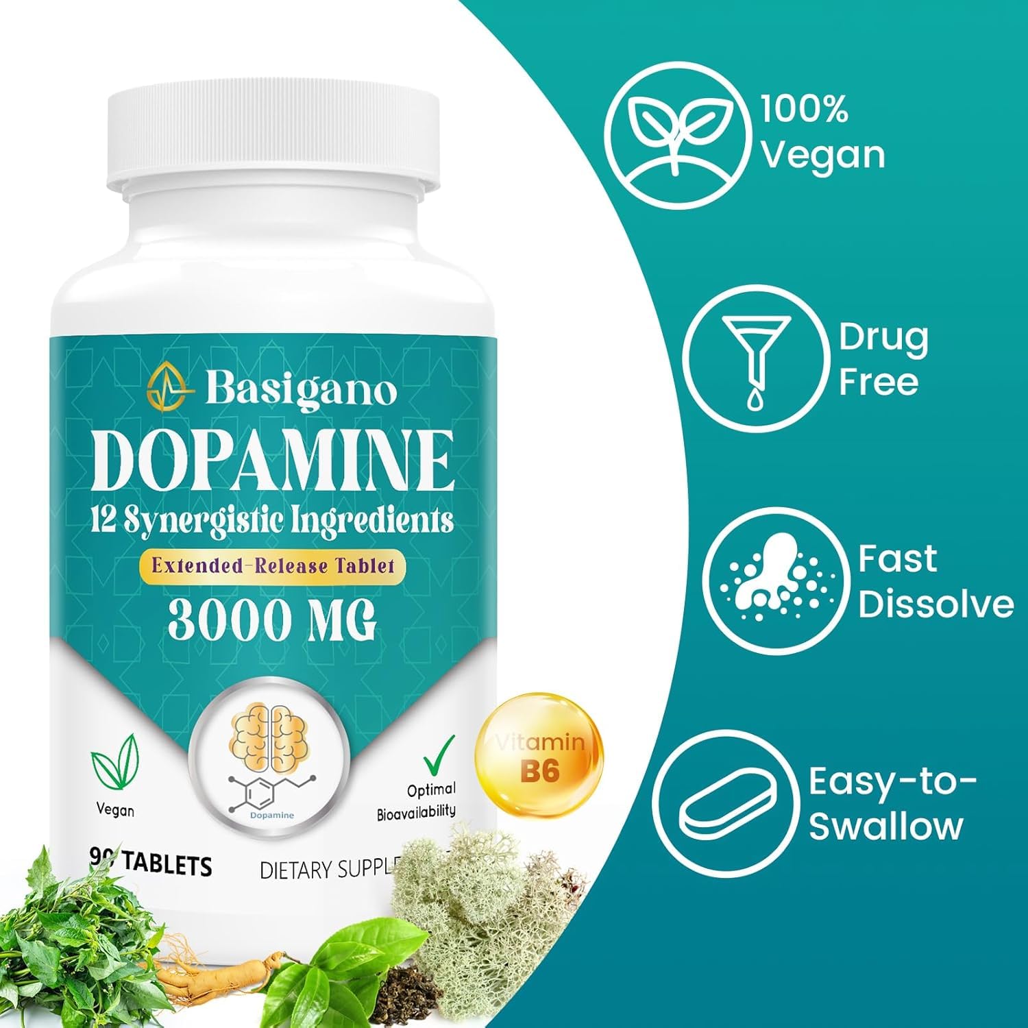 Basigano dopamine supplement bottle label showing natural ingredients.