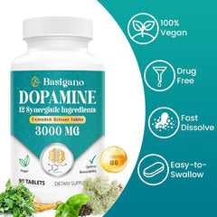 Basigano dopamine supplement bottle label showing natural ingredients.