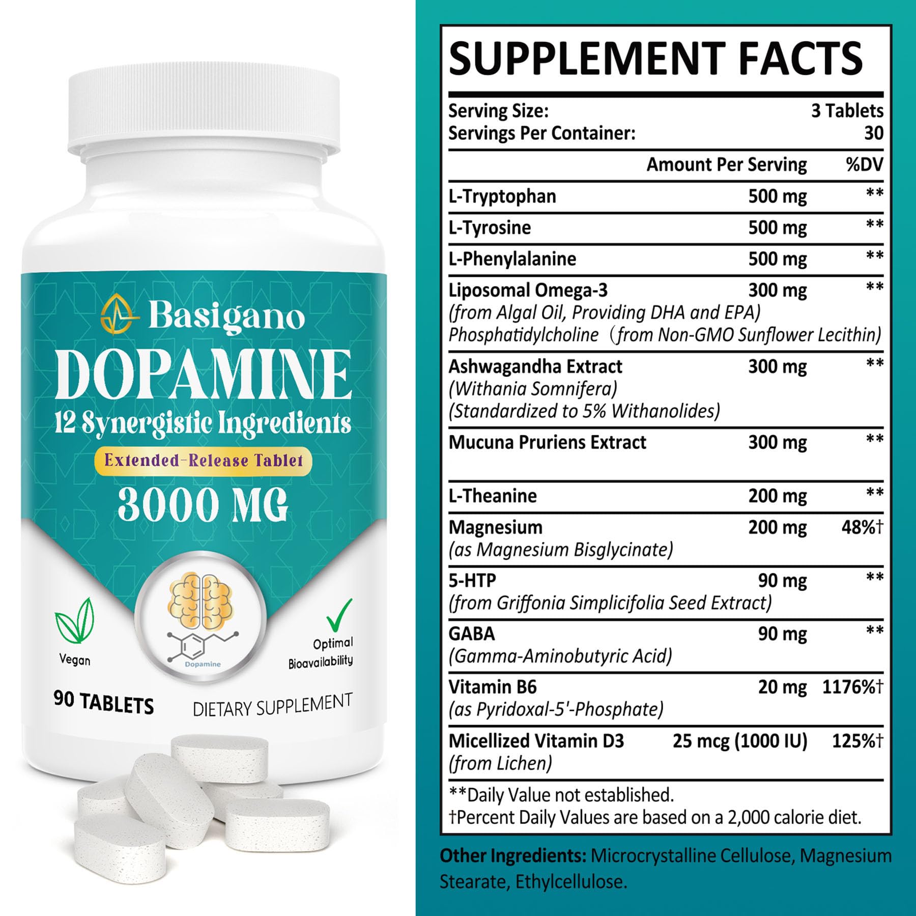Basigano dopamine supplement capsules close-up for focus and motivation use.