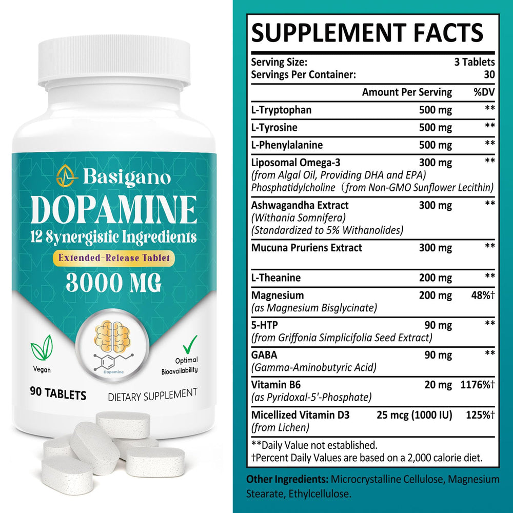 Basigano dopamine supplement capsules close-up for focus and motivation use.