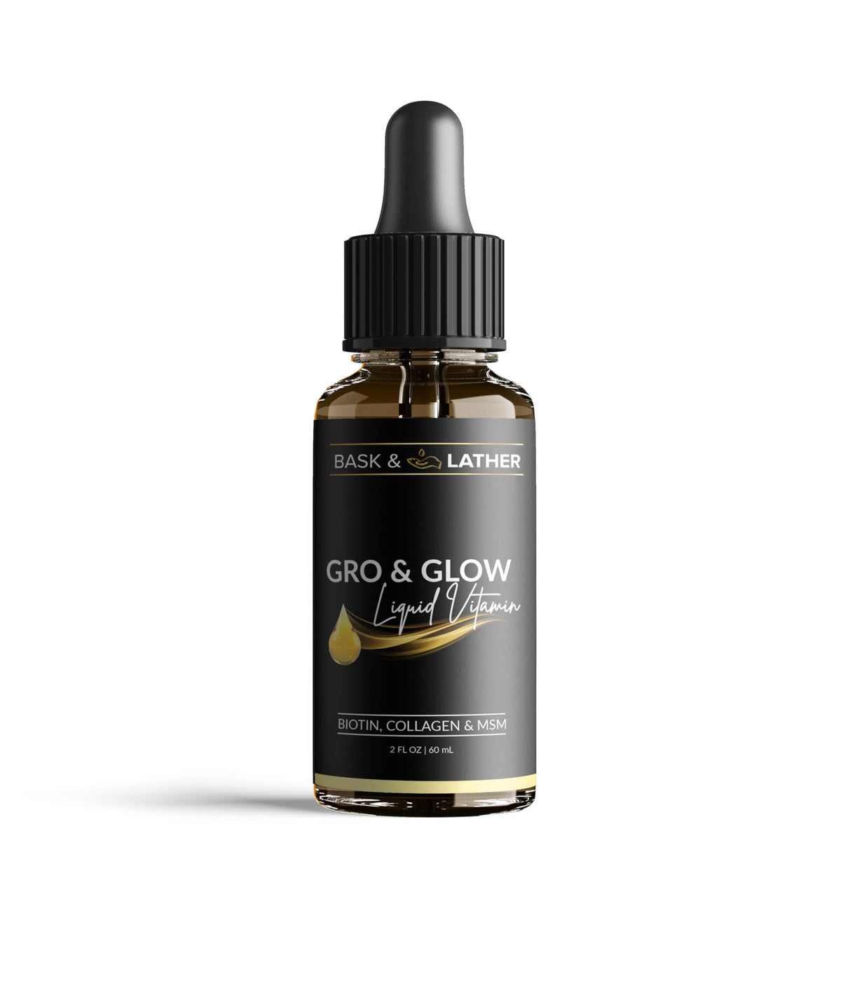 Bask and Lather Gro and Glow bottle with cherry flavor for radiant hair and skin.