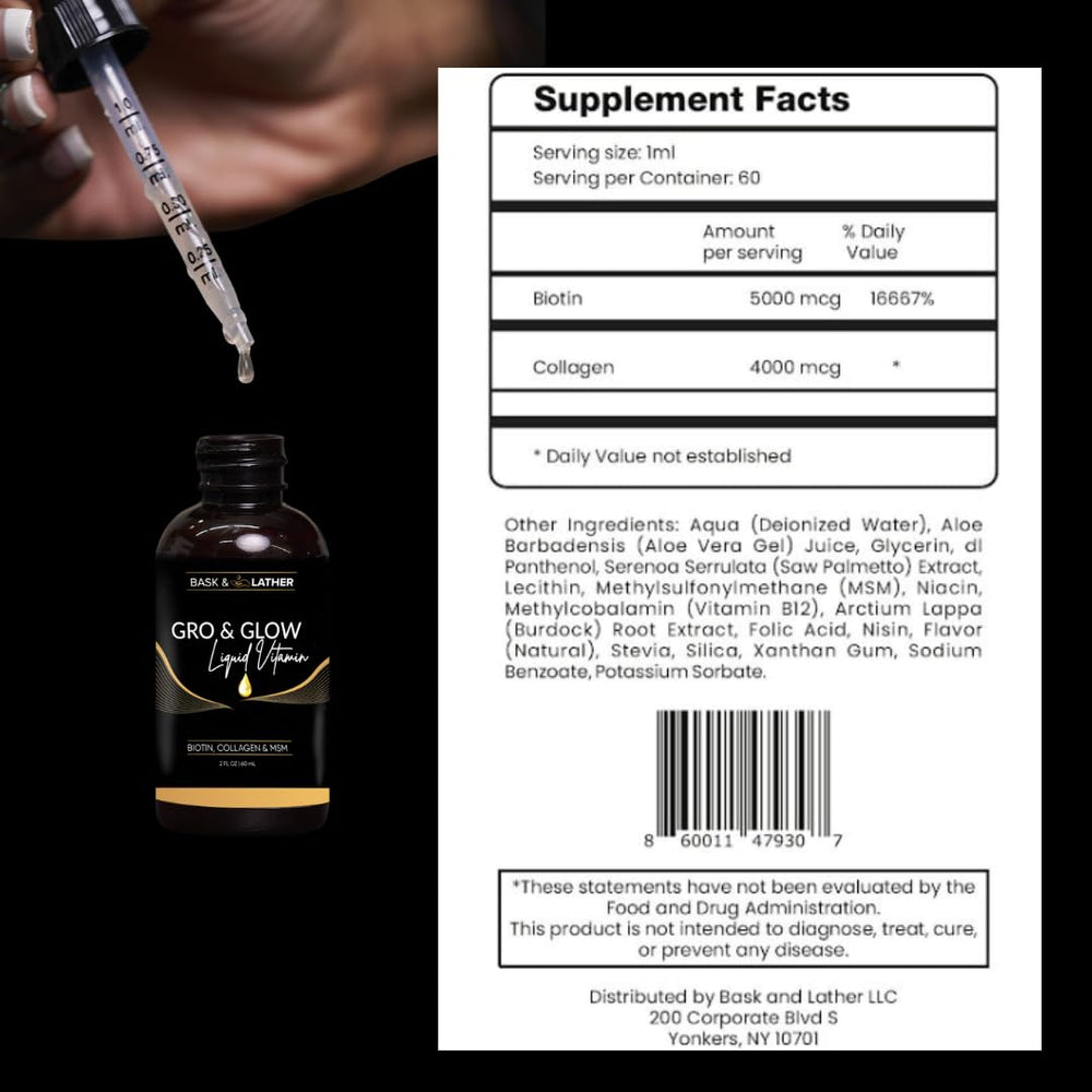 Gro and Glow liquid vitamin blend with biotin MSM and collagen supports beauty from within.